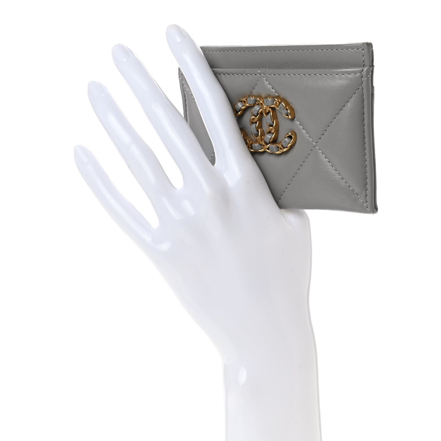 Lambskin Quilted Chanel 19 Card Holder Grey