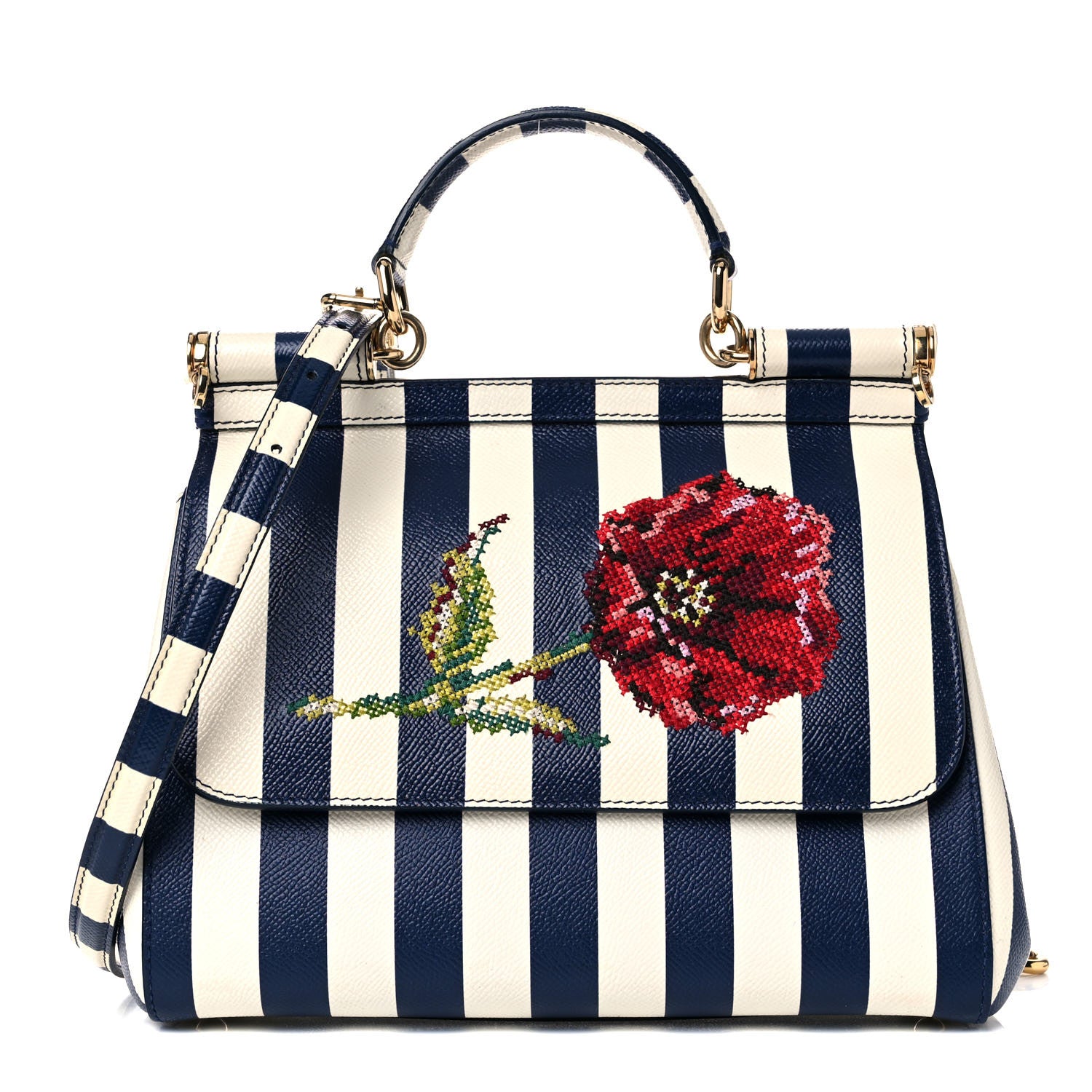 Dolce & Gabbana Dauphine Embroidered Striped Print Medium Miss Sicily Satchel White 1 of 13