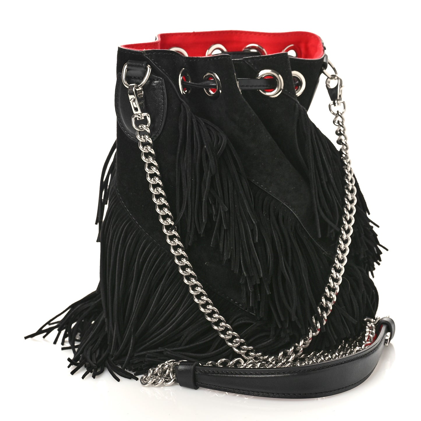 Suede Calfskin Fringe Marie Jane Bucket Black