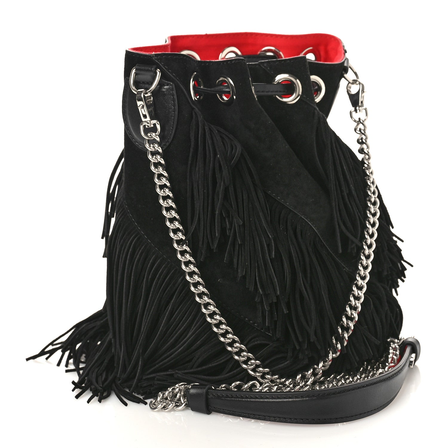 Christian Louboutin Suede Calfskin Fringe Marie Jane Bucket Black 3 of 8
