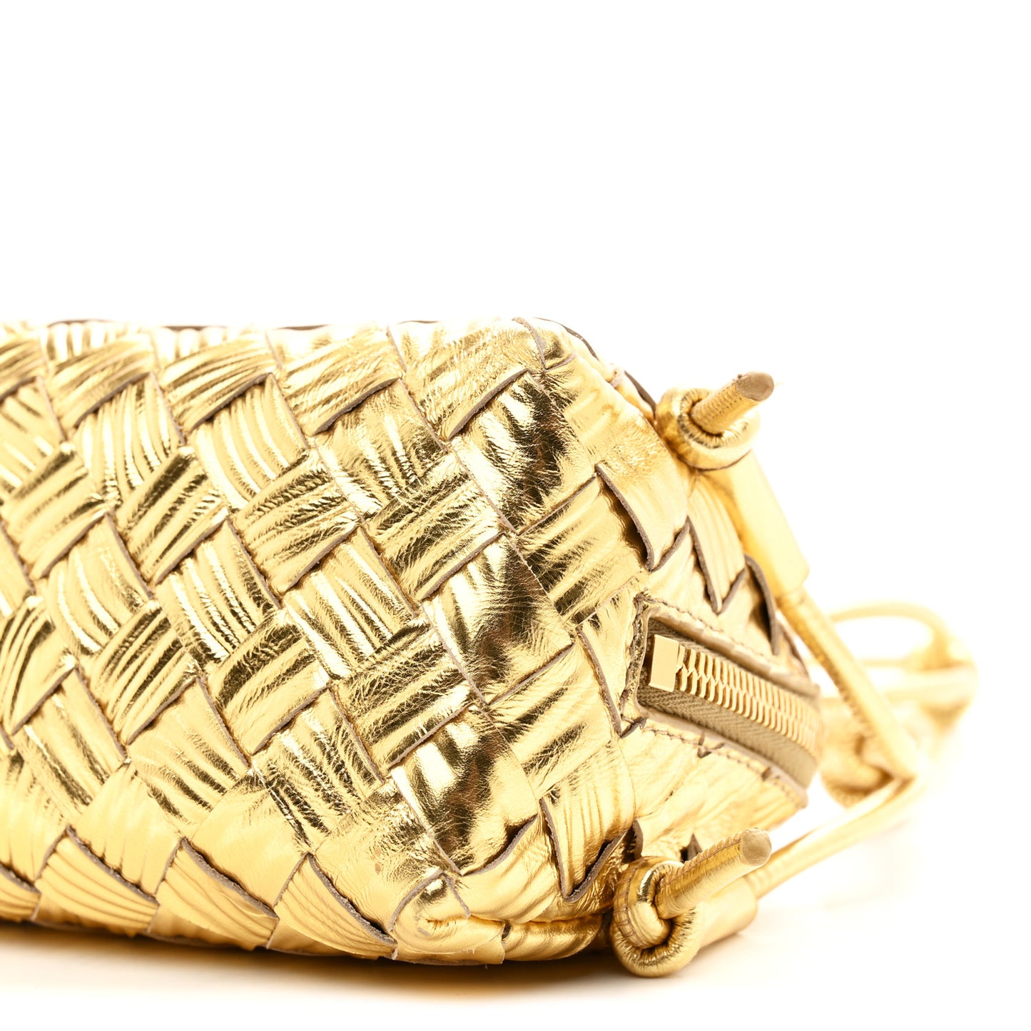 Laminated Calfskin Intrecciato Embossed Wood Effect Concert Pouch Gold