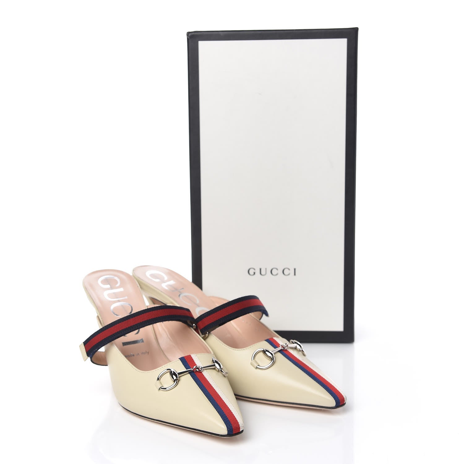 Gucci Malaga Kid Sylvie Web Cross Strap Mid-Heel Slides 39 Vintage White 12 of 12