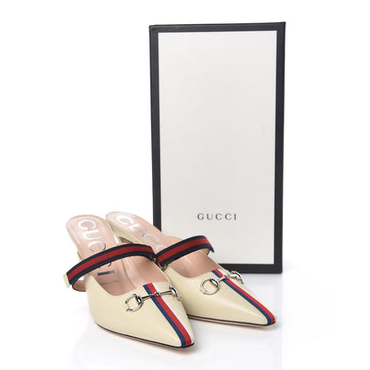 Gucci Malaga Kid Sylvie Web Cross Strap Mid-Heel Slides 39 Vintage White 12 of 12