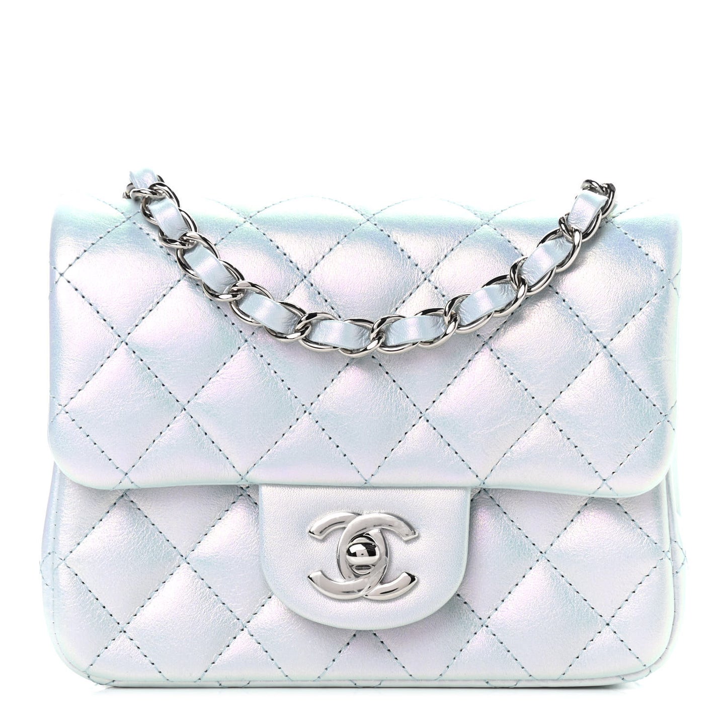 Iridescent Lambskin Quilted Mini Square Flap Light Blue