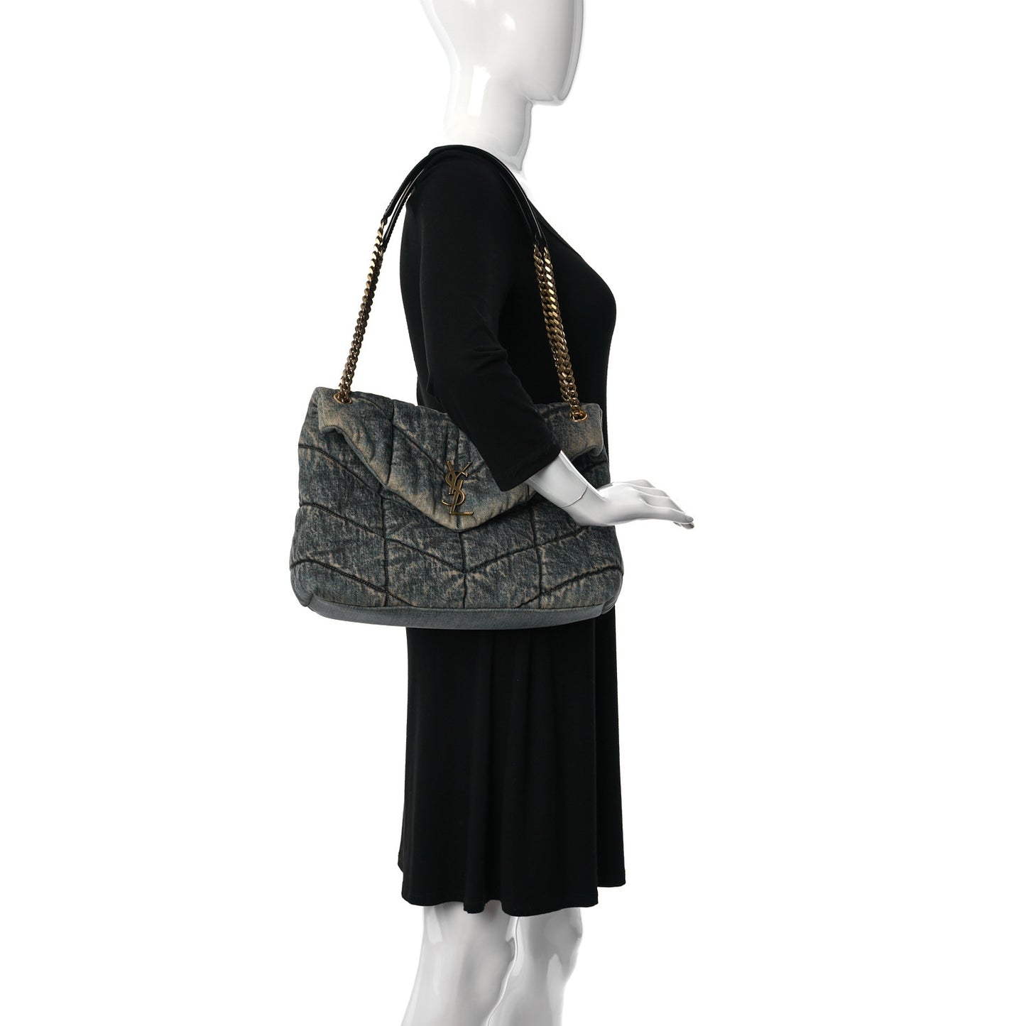 Denim Quilted Medium Loulou Puffer Monogram Chain Satchel Blue Black
