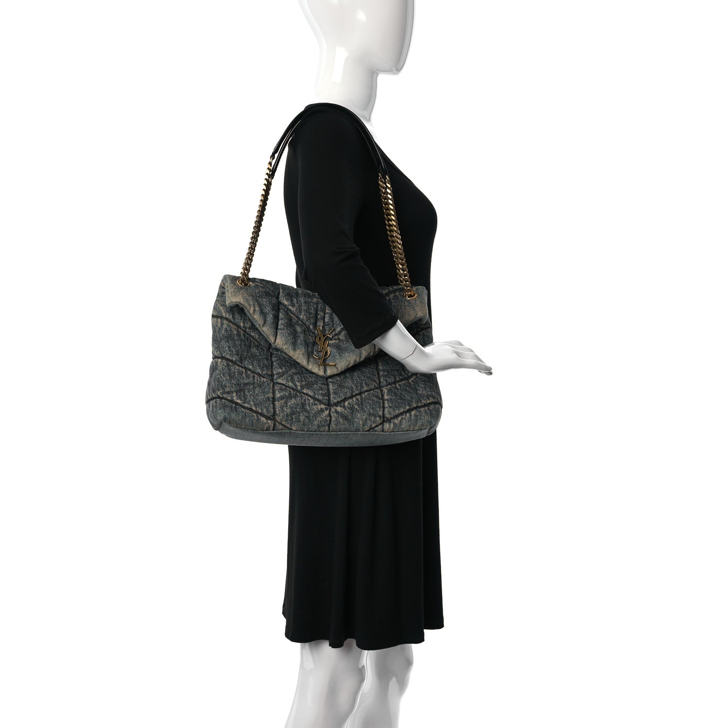 Saint Laurent Denim Quilted Medium Loulou Puffer Monogram Chain Satchel Blue Black 2 of 10