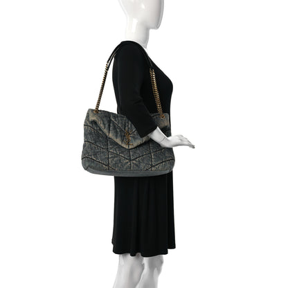 Saint Laurent Denim Quilted Medium Loulou Puffer Monogram Chain Satchel Blue Black 2 of 10