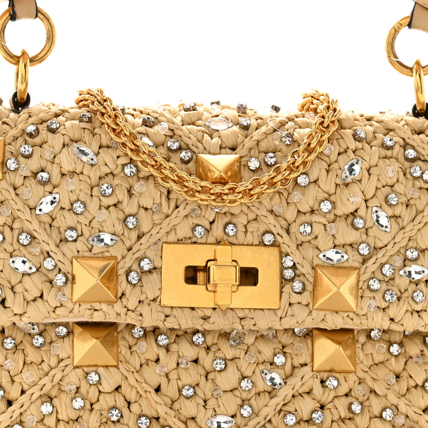 Raffia Crystal Medium Roman Stud Shoulder Bag Naturale Crystal