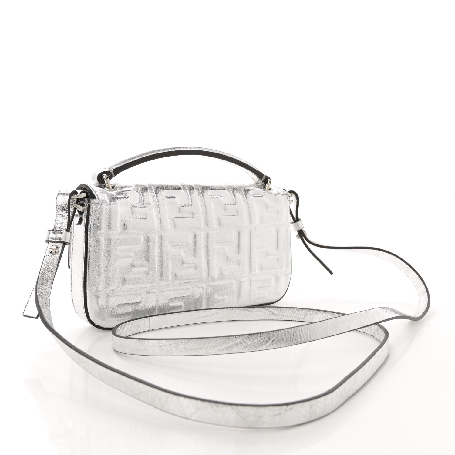 Fendi Vitello Catalan Mirror FF 1974 Embossed Phone Baguette Argento 3 of 12