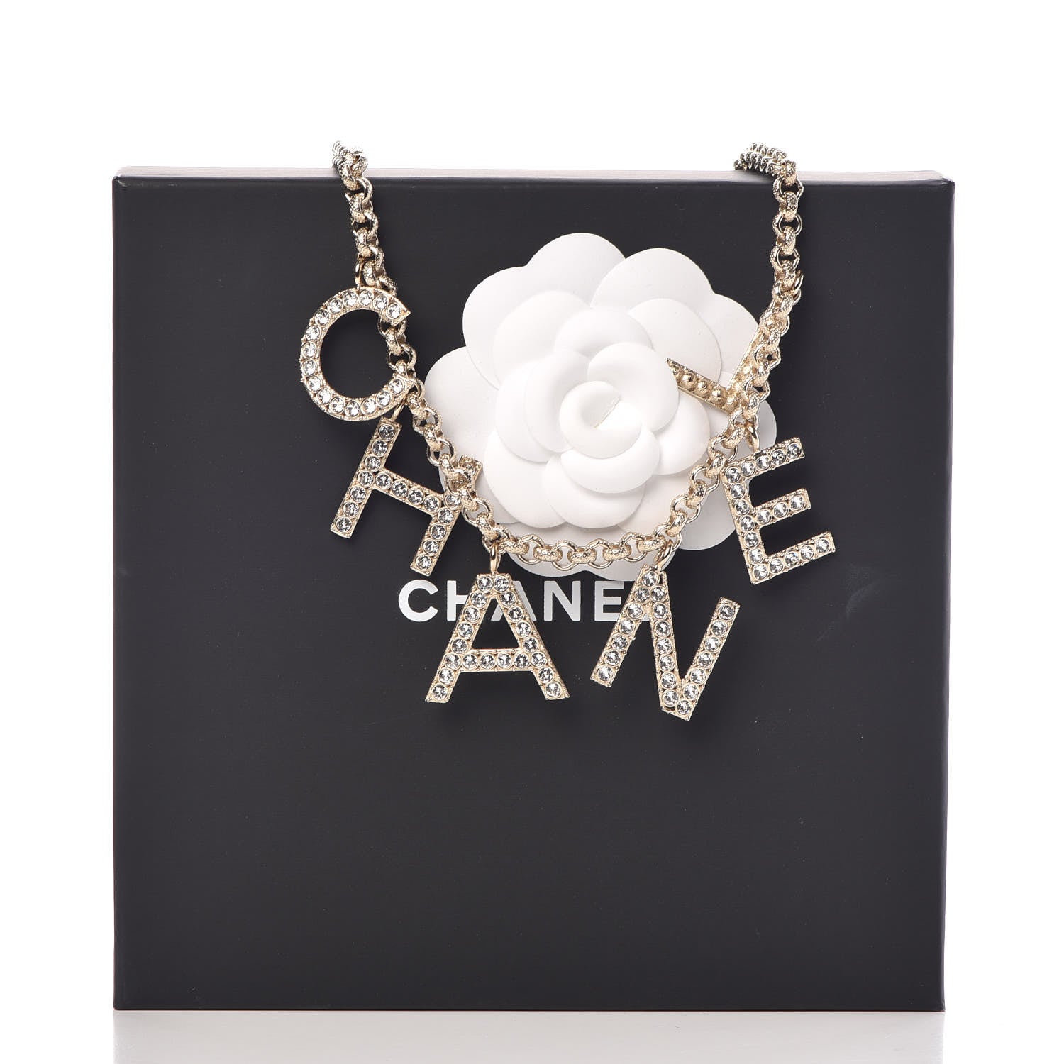 Chanel Metal Crystal Cha-Nel Logo Necklace Gold 7 of 7