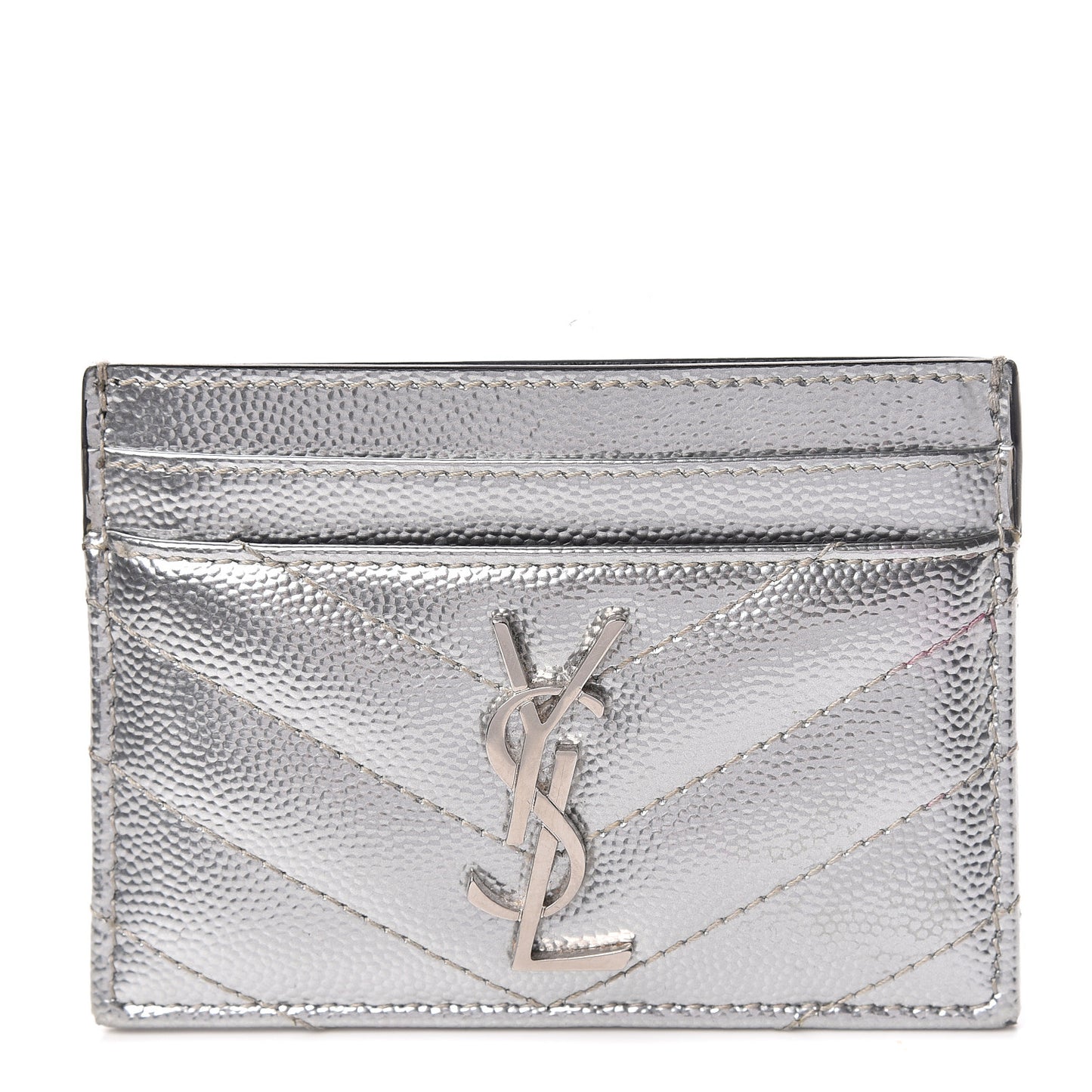 Metallic Grain De Poudre Matelasse Chevron Monogram Credit Card Case Argento