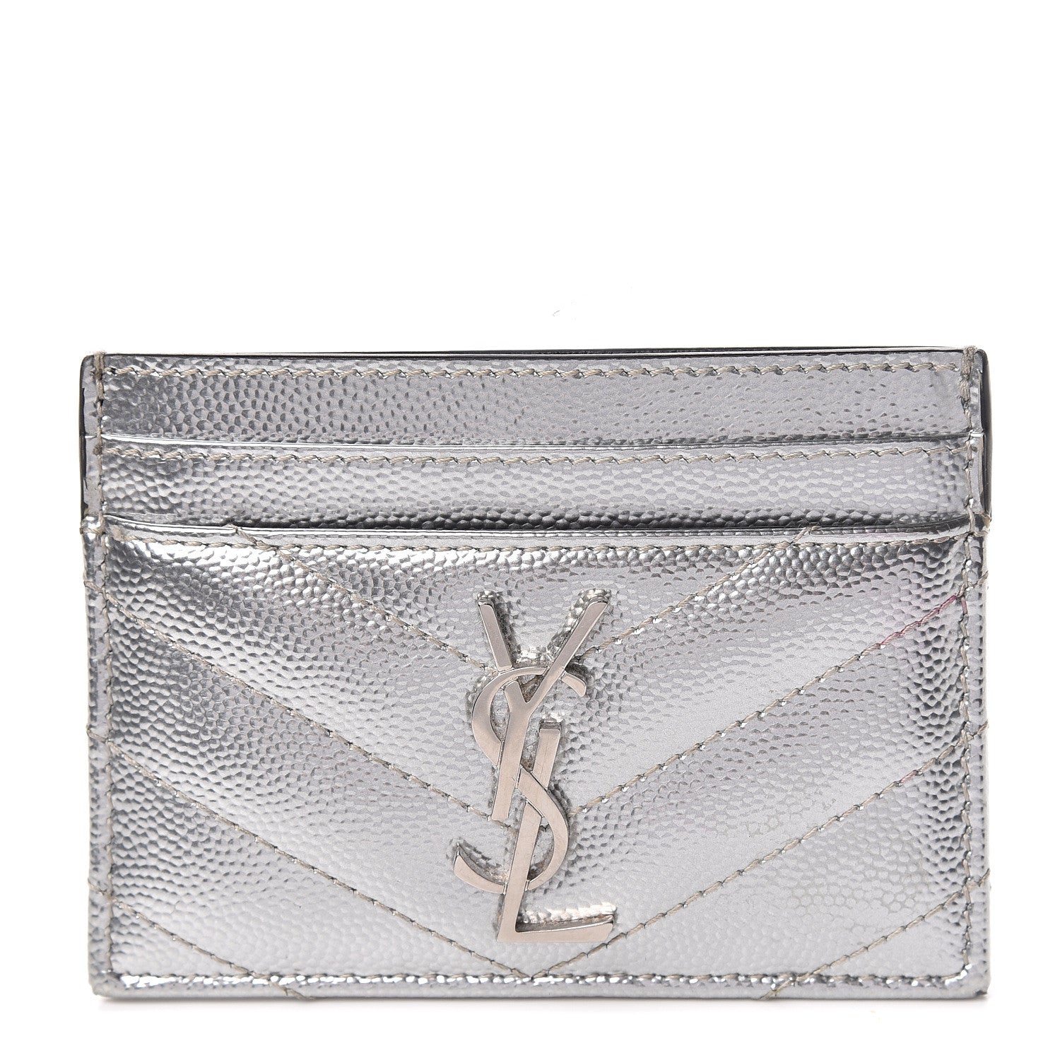 Saint Laurent Metallic Grain De Poudre Matelasse Chevron Monogram Credit Card Case Argento 1 of 12
