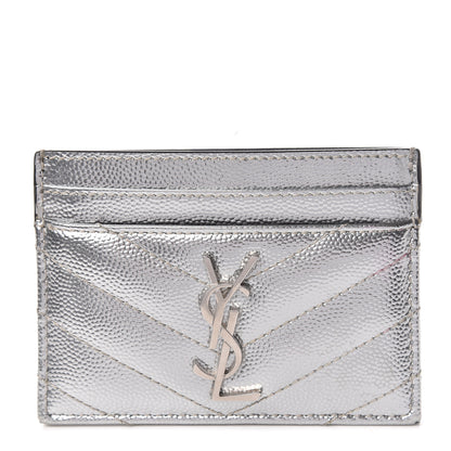 Saint Laurent Metallic Grain De Poudre Matelasse Chevron Monogram Credit Card Case Argento 1 of 12