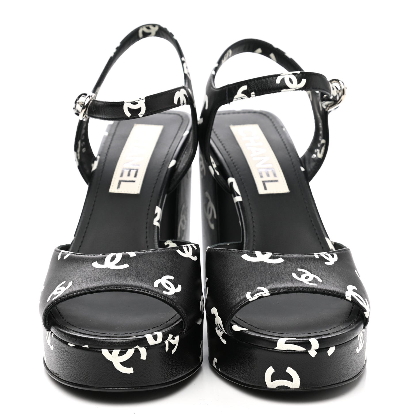 Printed Lambskin CC Platform Sandals 38 Black White