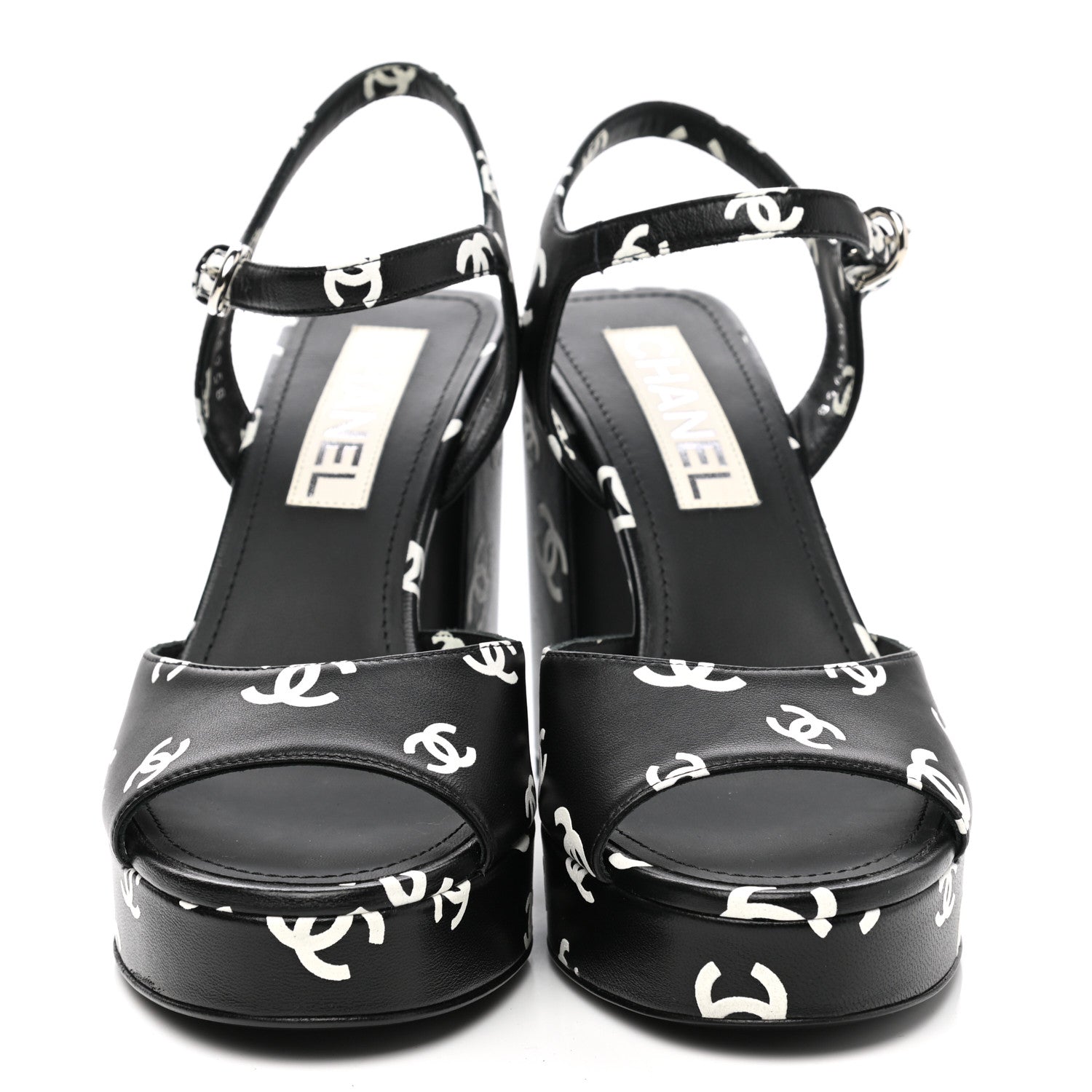 Chanel Printed Lambskin CC Platform Sandals 38 Black White 2 of 9