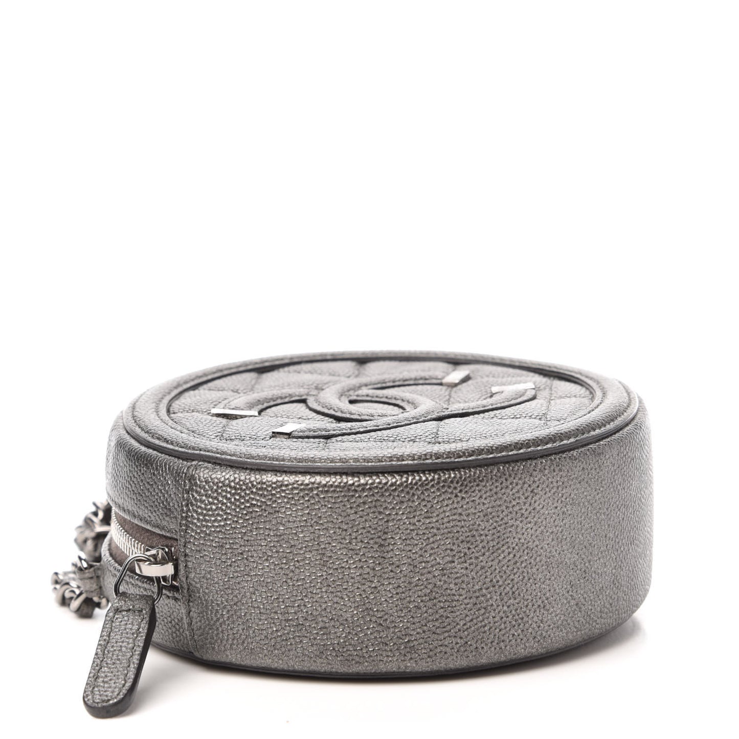 Metallic Caviar Quilted Round Filigree Crossbody Dark Silver