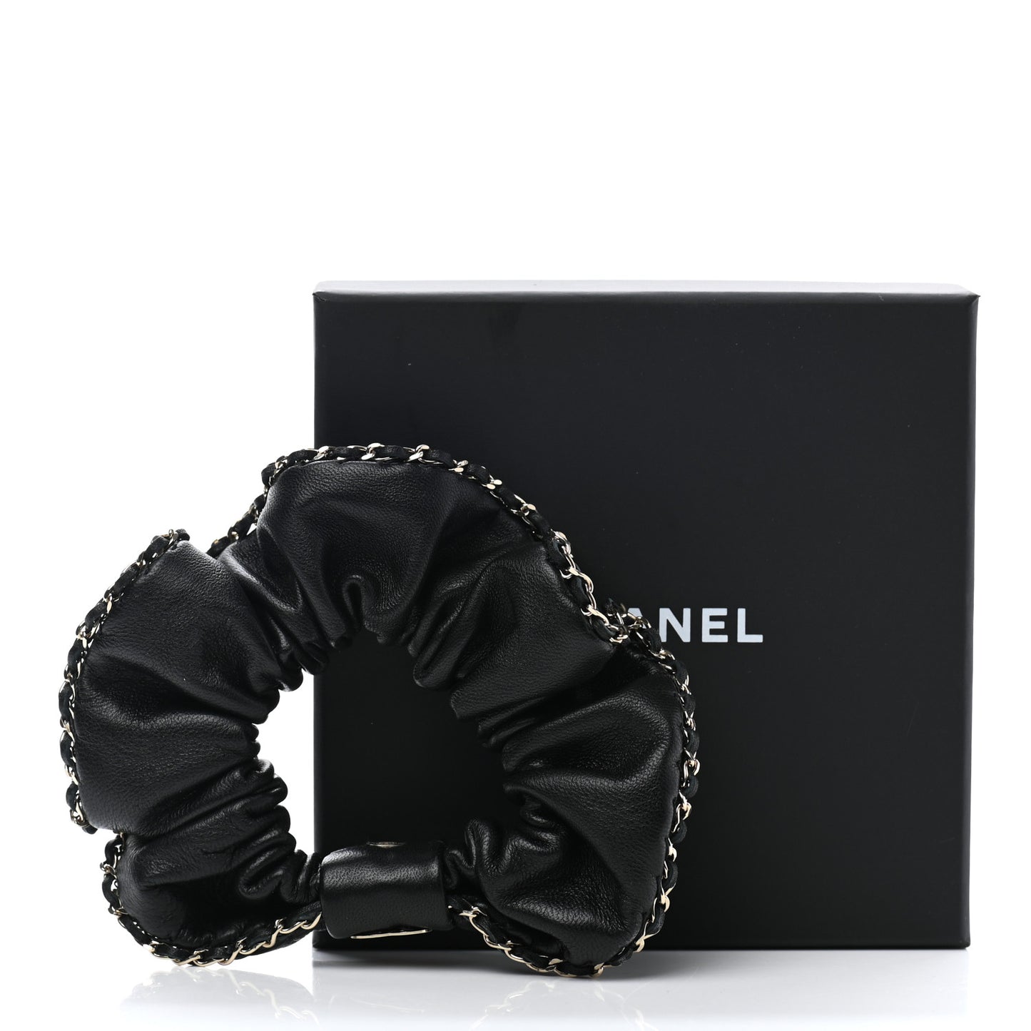 Lambskin Chain CC Hair Scrunchie Black Gold