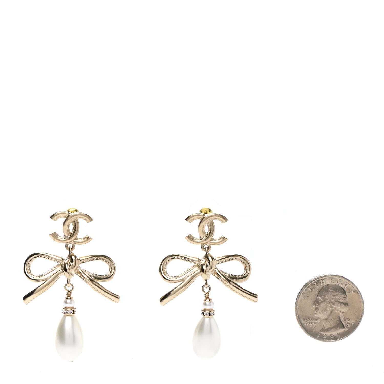 Chanel Pearl Crystal CC Bow Drop Earrings Gold Pearly White 2 of 4