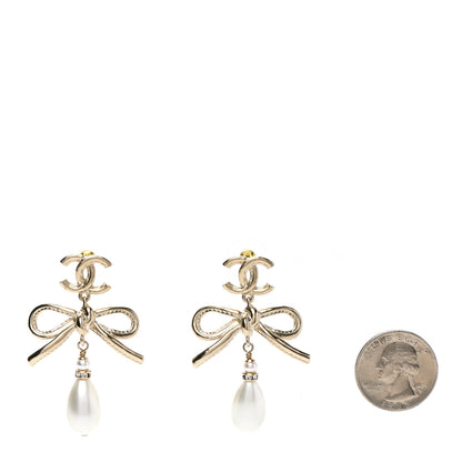 Chanel Pearl Crystal CC Bow Drop Earrings Gold Pearly White 2 of 4