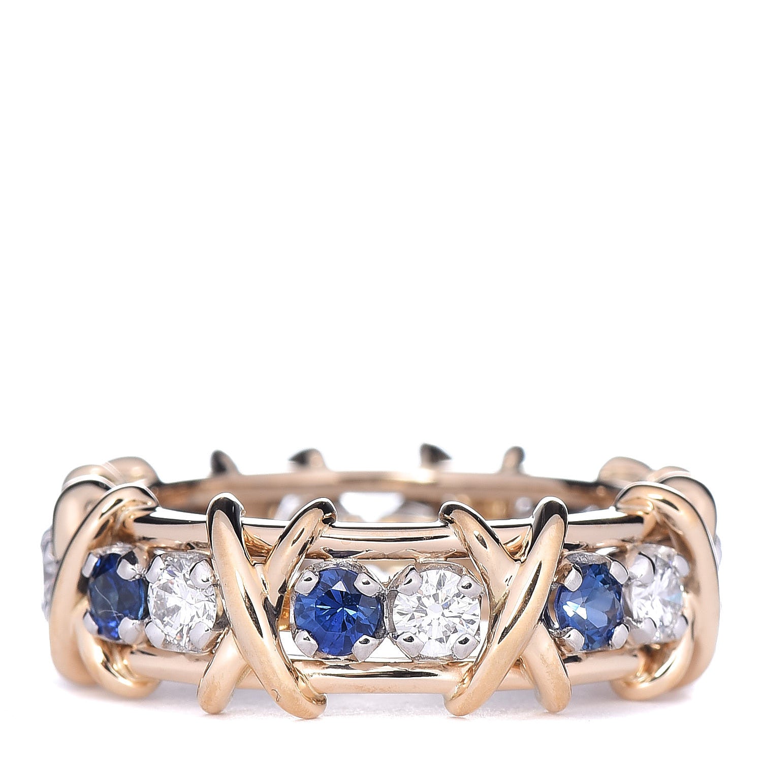 Tiffany 18K Yellow Gold Platinum Blue Sapphire Diamond Schlumberger Sixteen Stone Ring 52 6 1 of 5