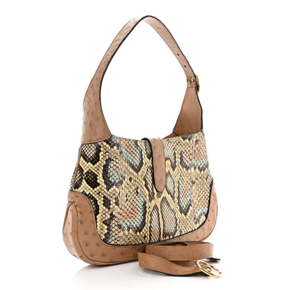 Gucci Snakeskin Ostrich Calfskin Small Jackie 1961 Hobo Beige Blue 3 of 15