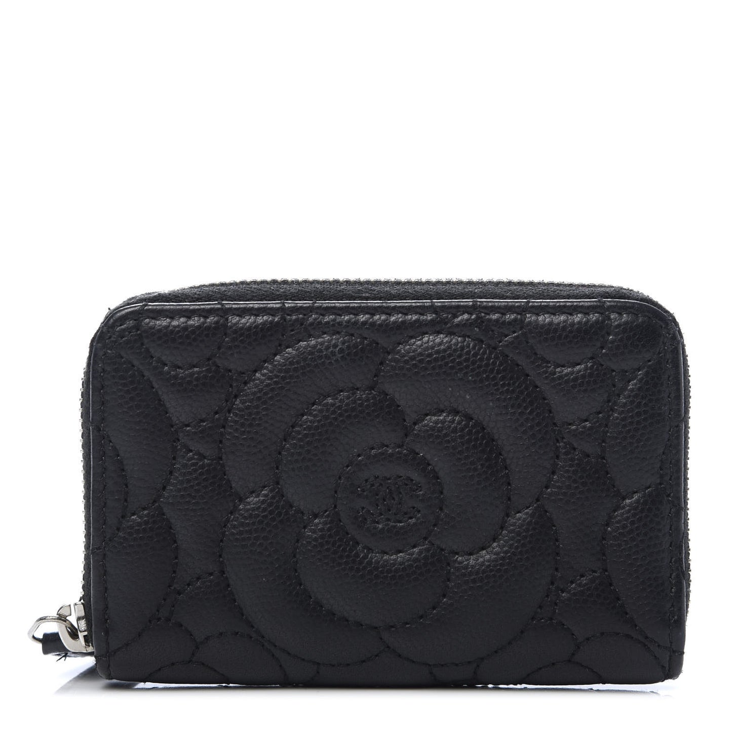 Caviar Camellia Embossed Zip Coin Purse Black