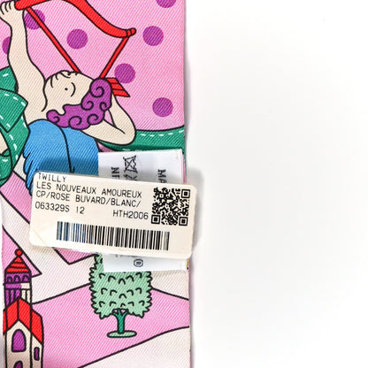 Hermes Silk Les Nouveaux Amoureux de Paris Twilly Rose Buvard White Vert 3 of 4