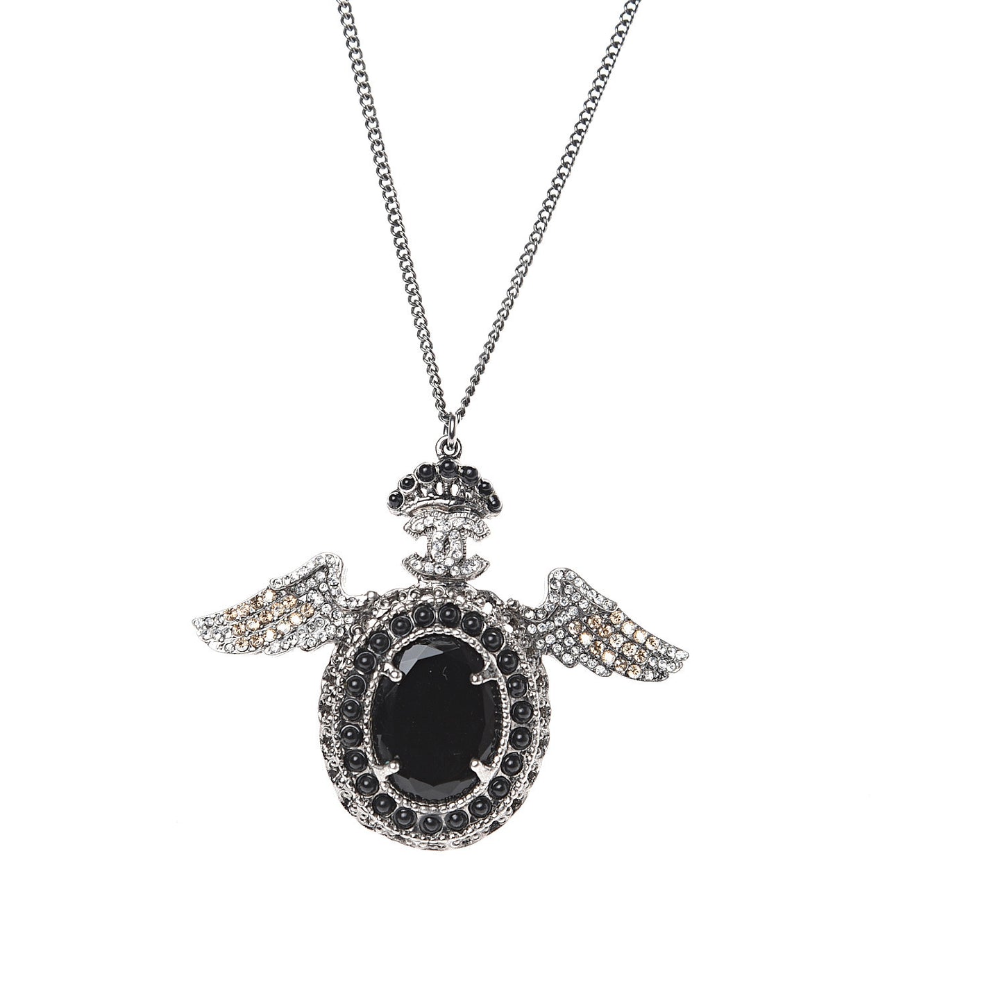 Crystal CC Crown Wing Pendant Necklace Black