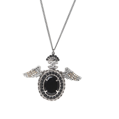 Chanel Crystal CC Crown Wing Pendant Necklace Black 3 of 4