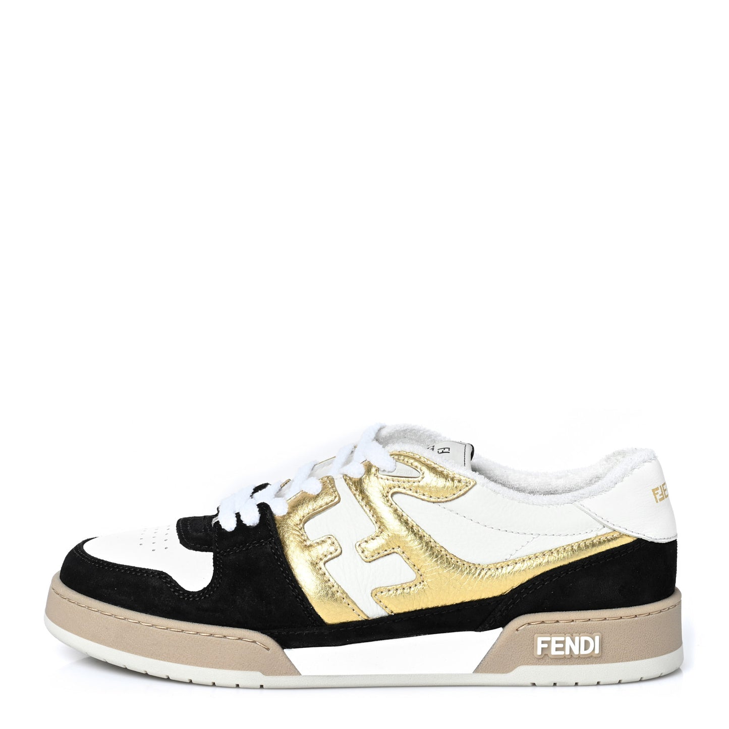 Grained Calfskin Mens Fendi Match Low Top Sneakers 8 White Black Gold