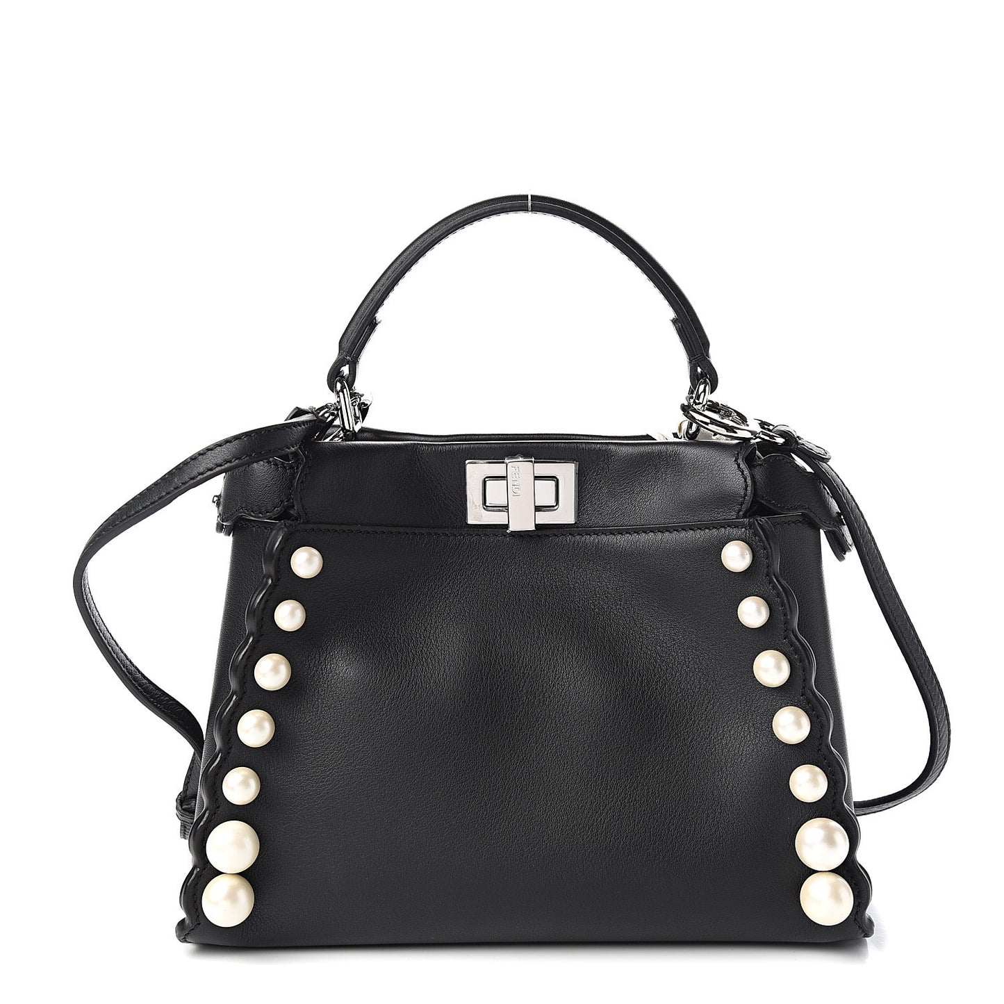 Vitello Seta Shiny Nappa Pearl Scallopped Studded Mini Peekaboo Iconic Satchel Black