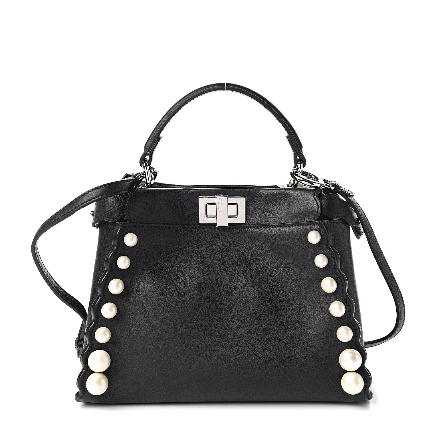 Fendi Vitello Seta Shiny Nappa Pearl Scallopped Studded Mini Peekaboo Iconic Satchel Black 1 of 9