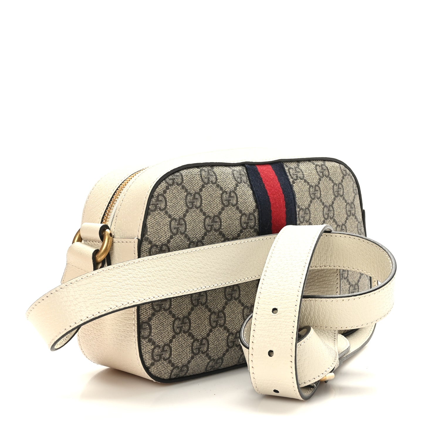 GG Supreme Monogram Textured Calfskin Web Small Ophidia Camera Bag Beige Ebony Mystic White