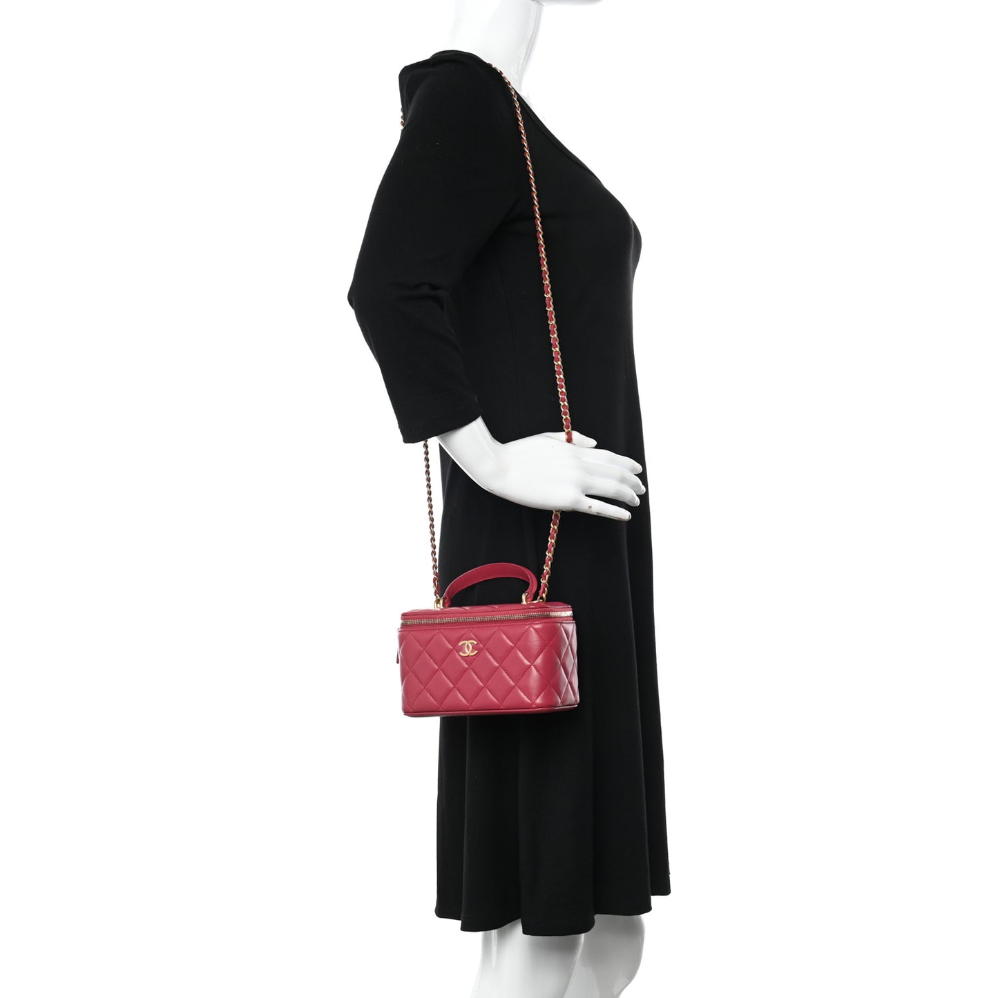 Lambskin Quilted Small Top Handle Vanity Case With Chain Dark Pink