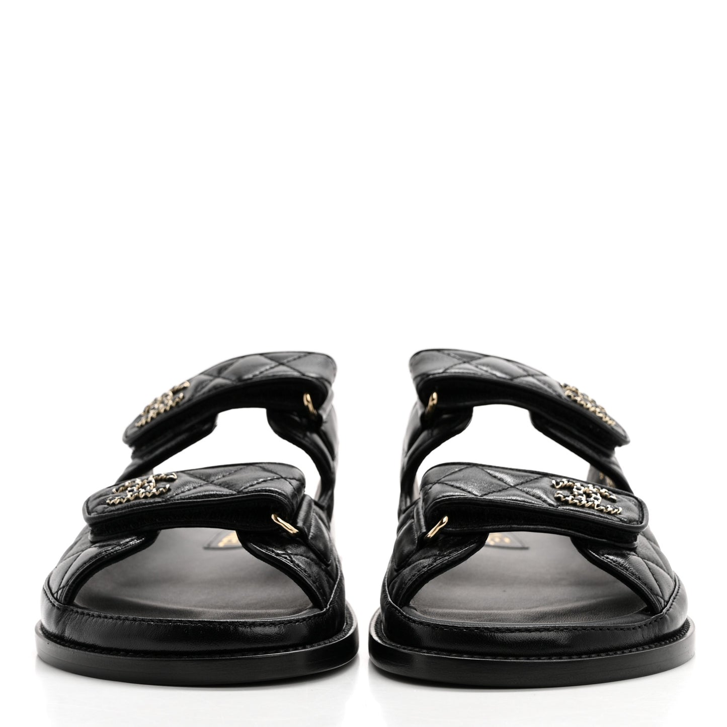 Lambskin Quilted Velcro Dad Chain CC Slide Sandals 38.5 Black