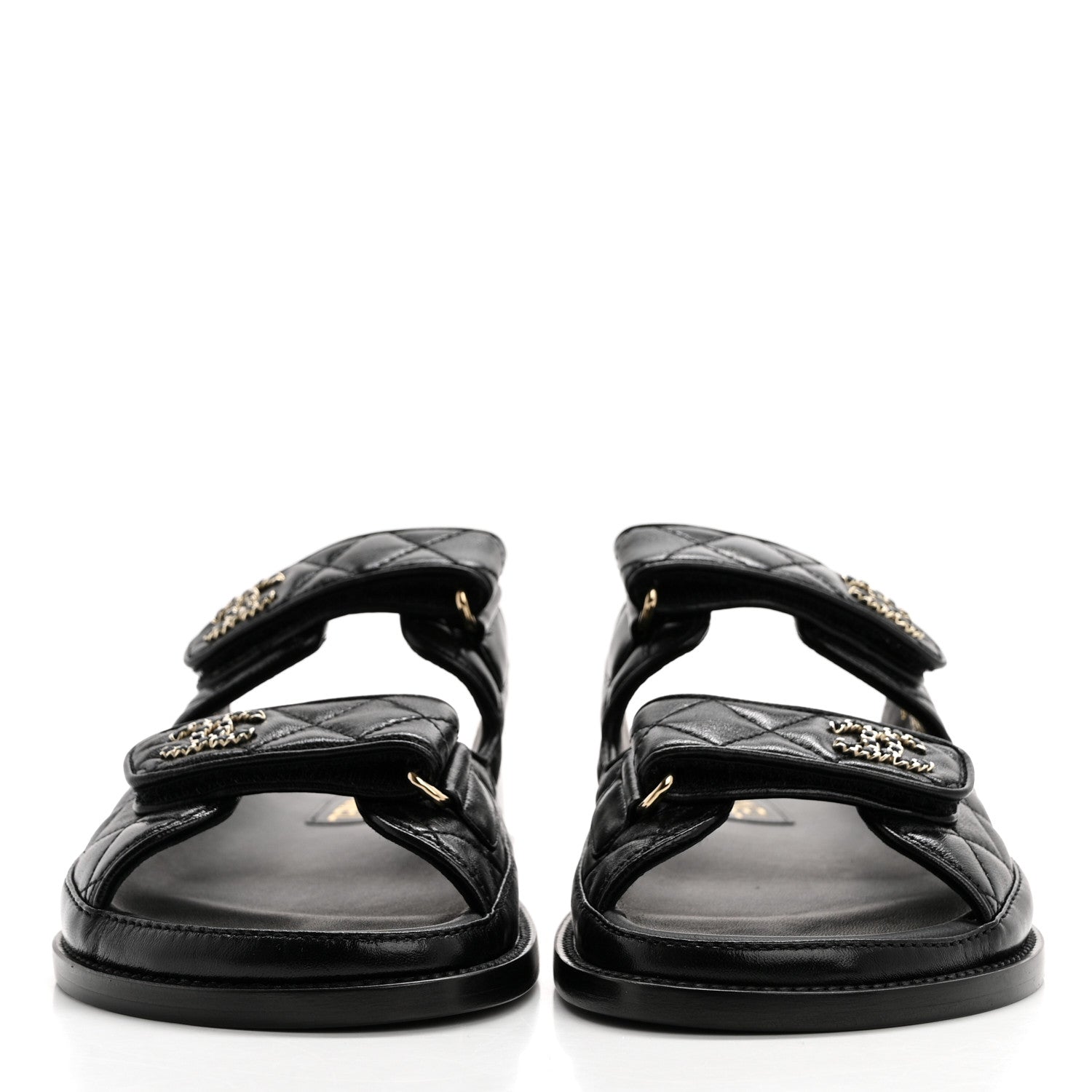 Chanel Lambskin Quilted Velcro Dad Chain CC Slide Sandals 38.5 Black 2 of 9