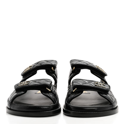 Chanel Lambskin Quilted Velcro Dad Chain CC Slide Sandals 38.5 Black 2 of 9