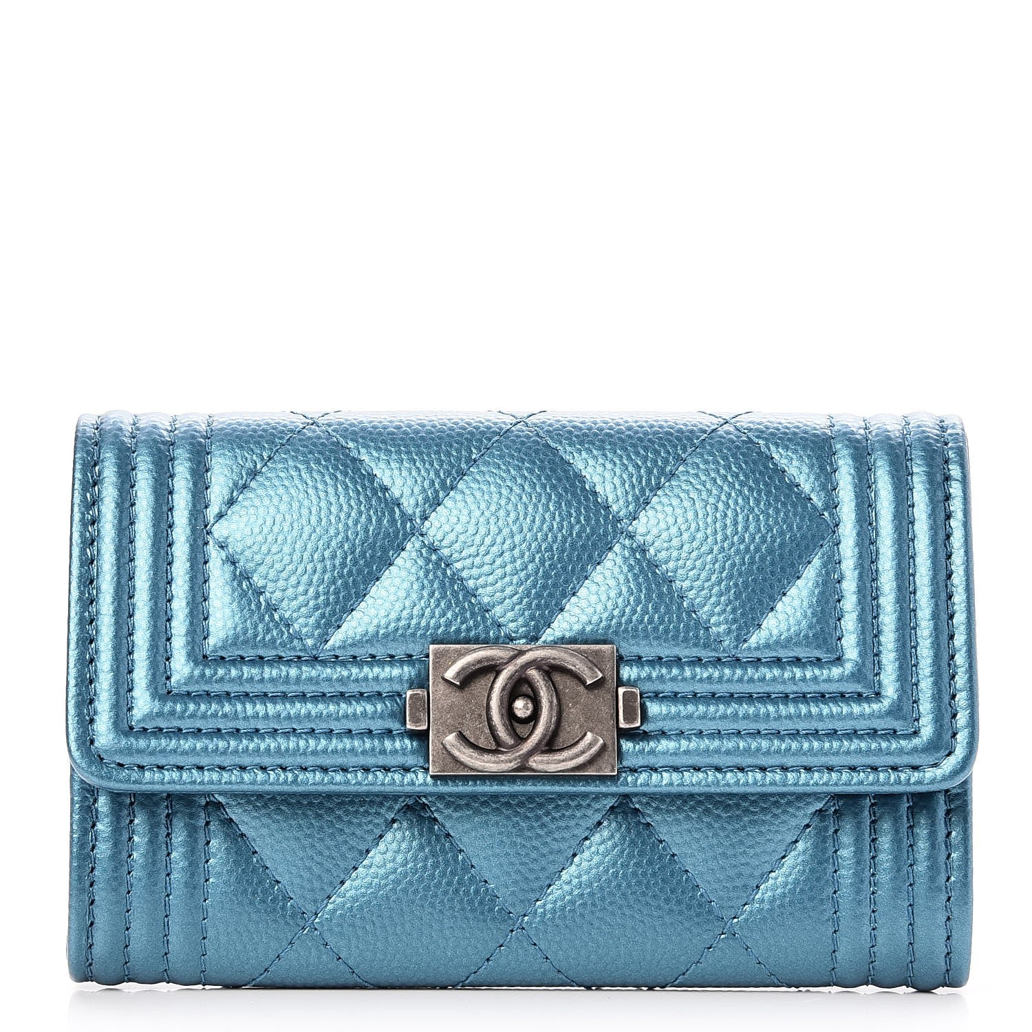 Chanel Metallic Caviar Quilted Boy Card Holder Wallet Turquoise 1 of 8