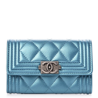Chanel Metallic Caviar Quilted Boy Card Holder Wallet Turquoise 1 of 8