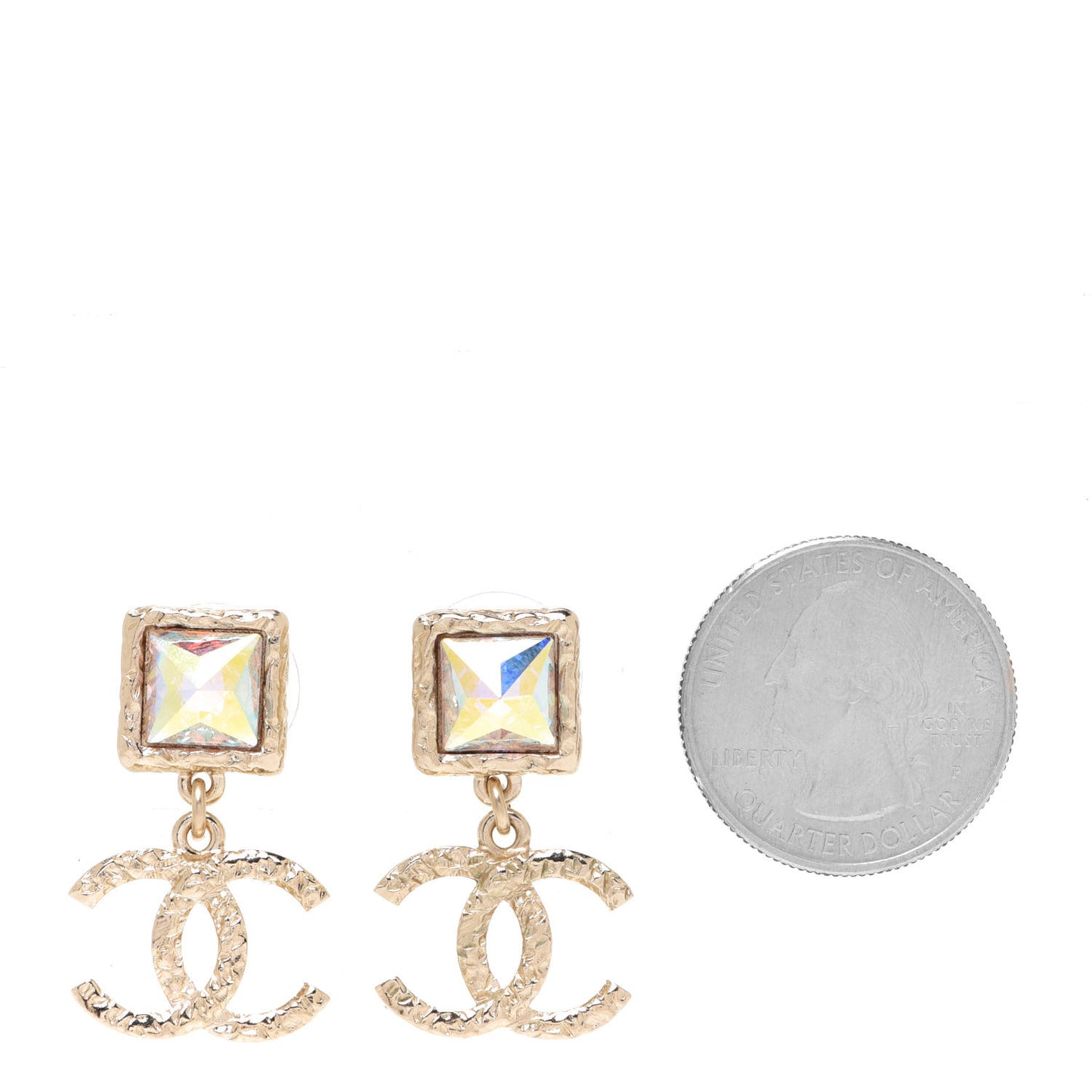 Iridescent Baguette Crystal CC Drop Earrings Gold