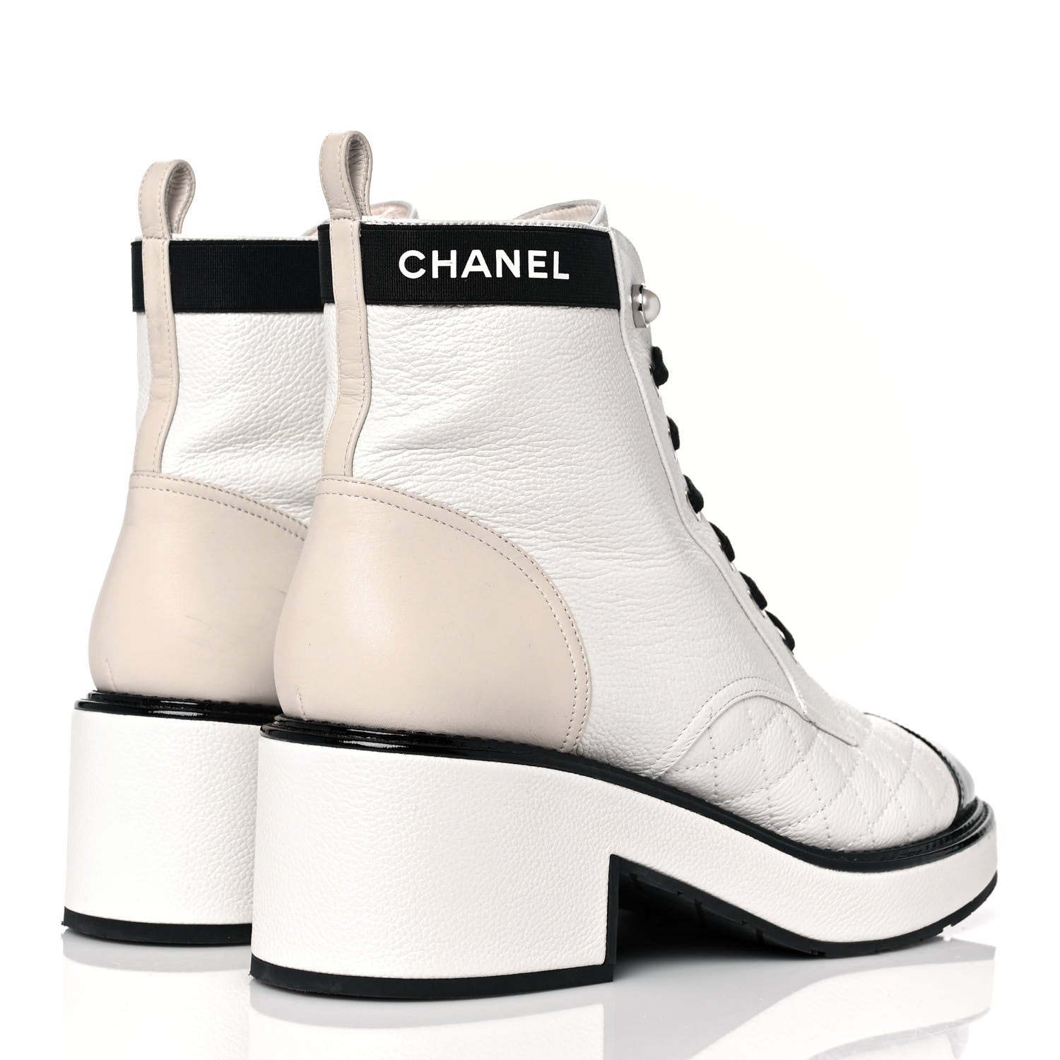 Chanel Pearly Calfskin Patent Calfskin Quilted Lace Up Boots 40 White Light Gray Black 4 of 8