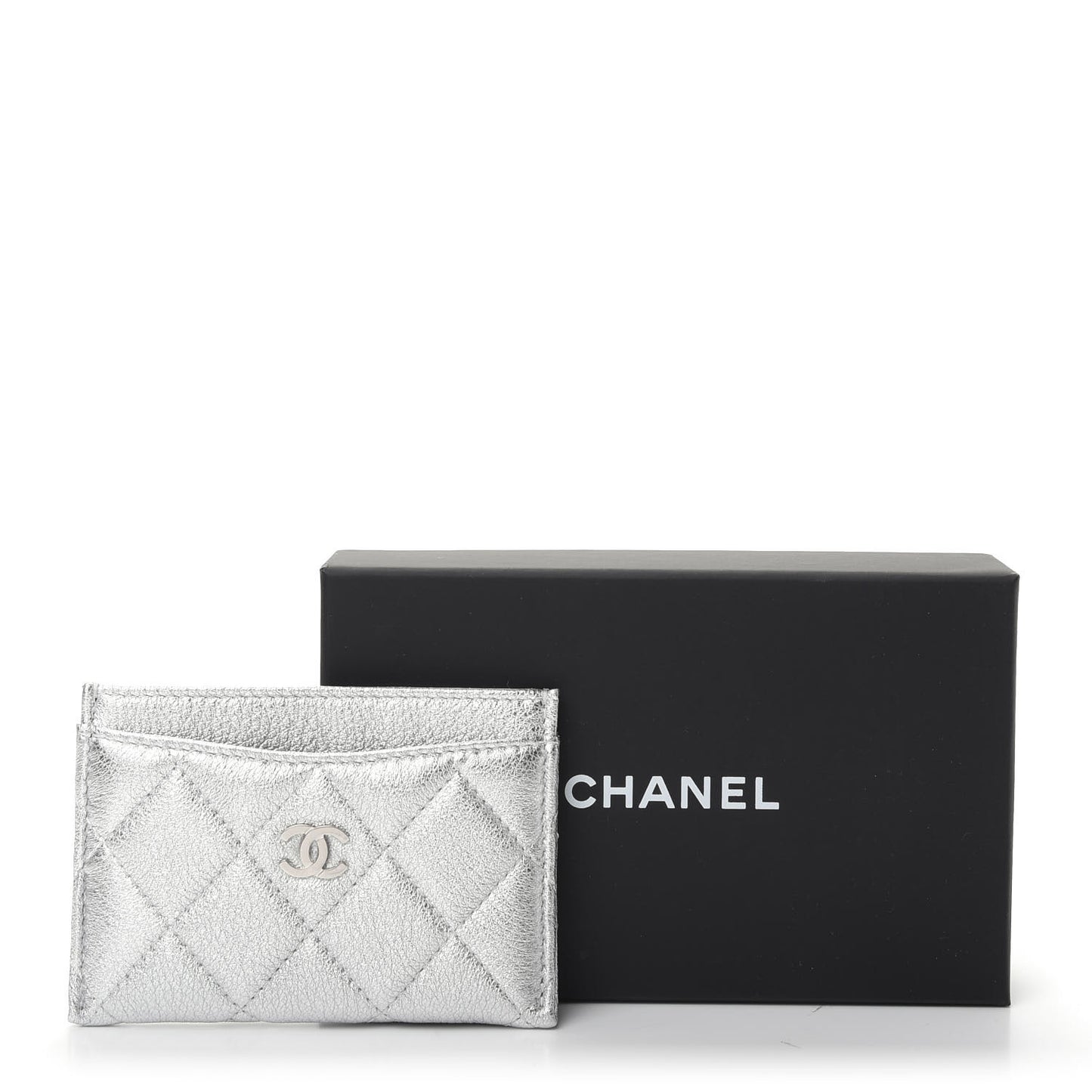 Metallic Lambskin Quilted Card Holder Silver