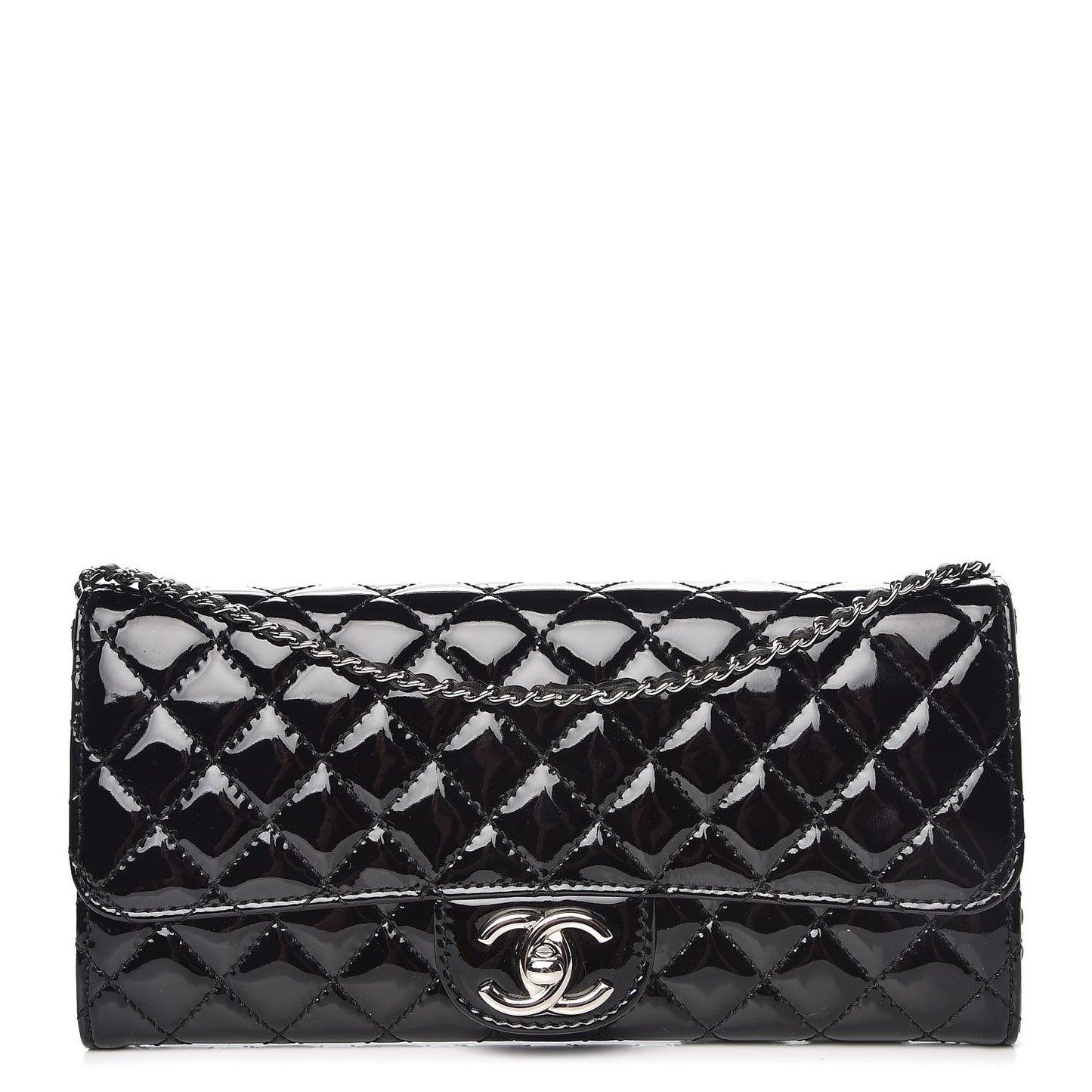Patent Calfskin Quilted East West Flap Clutch Black