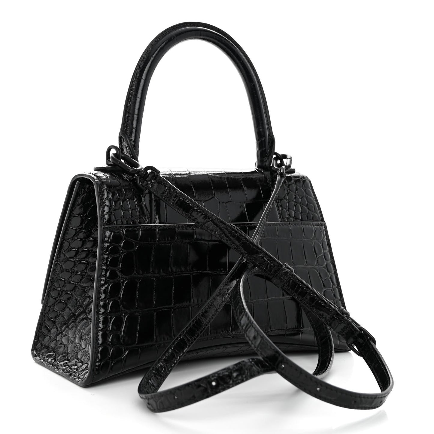 Shiny Calfskin Monochrome Crocodile Embossed Small Hourglass Top Handle Bag Black