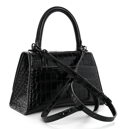 Balenciaga Shiny Calfskin Monochrome Crocodile Embossed Small Hourglass Top Handle Bag Black 3 of 11