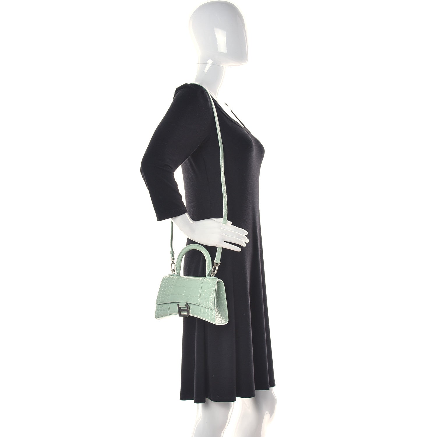 Balenciaga Shiny Calfskin Crocodile Embossed Hourglass Top Handle Bag XS Light Green 2 of 20