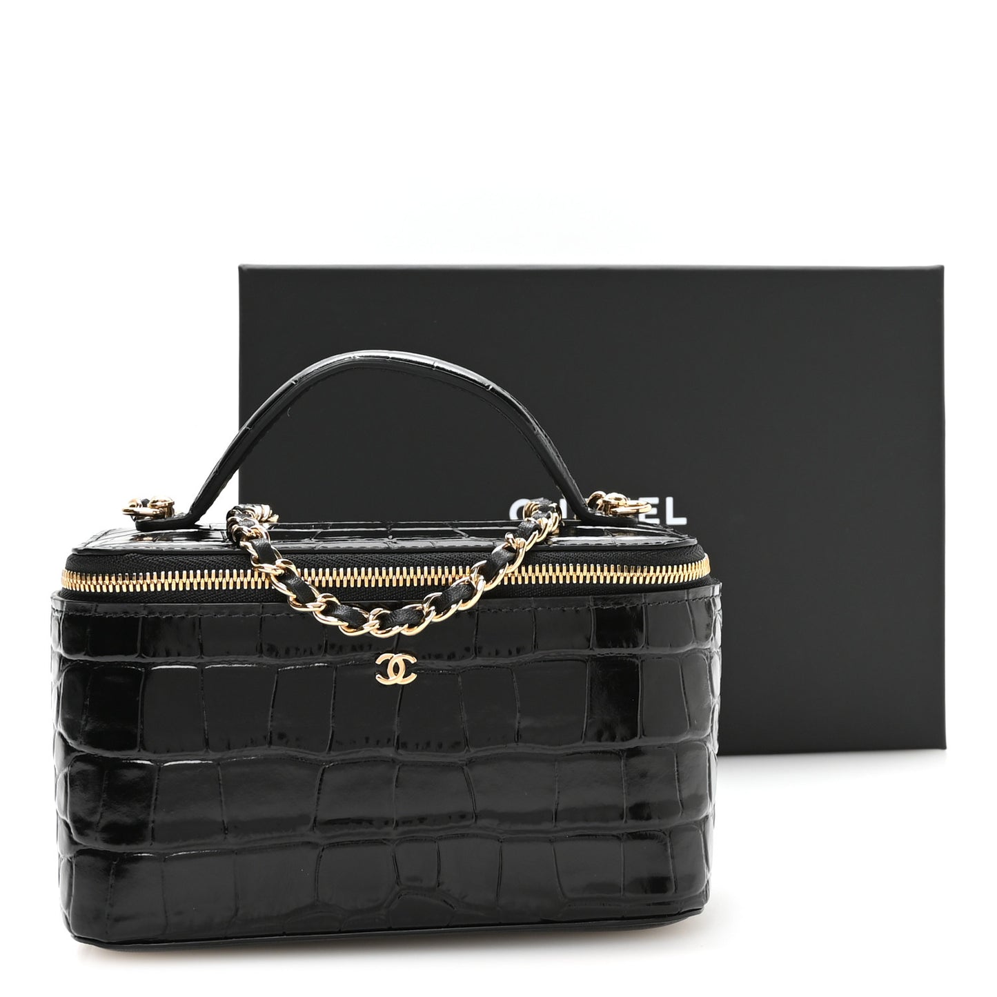 Calfskin Crocodile Embossed Exoticoco Small Top Handle Vanity Case With Chain Black