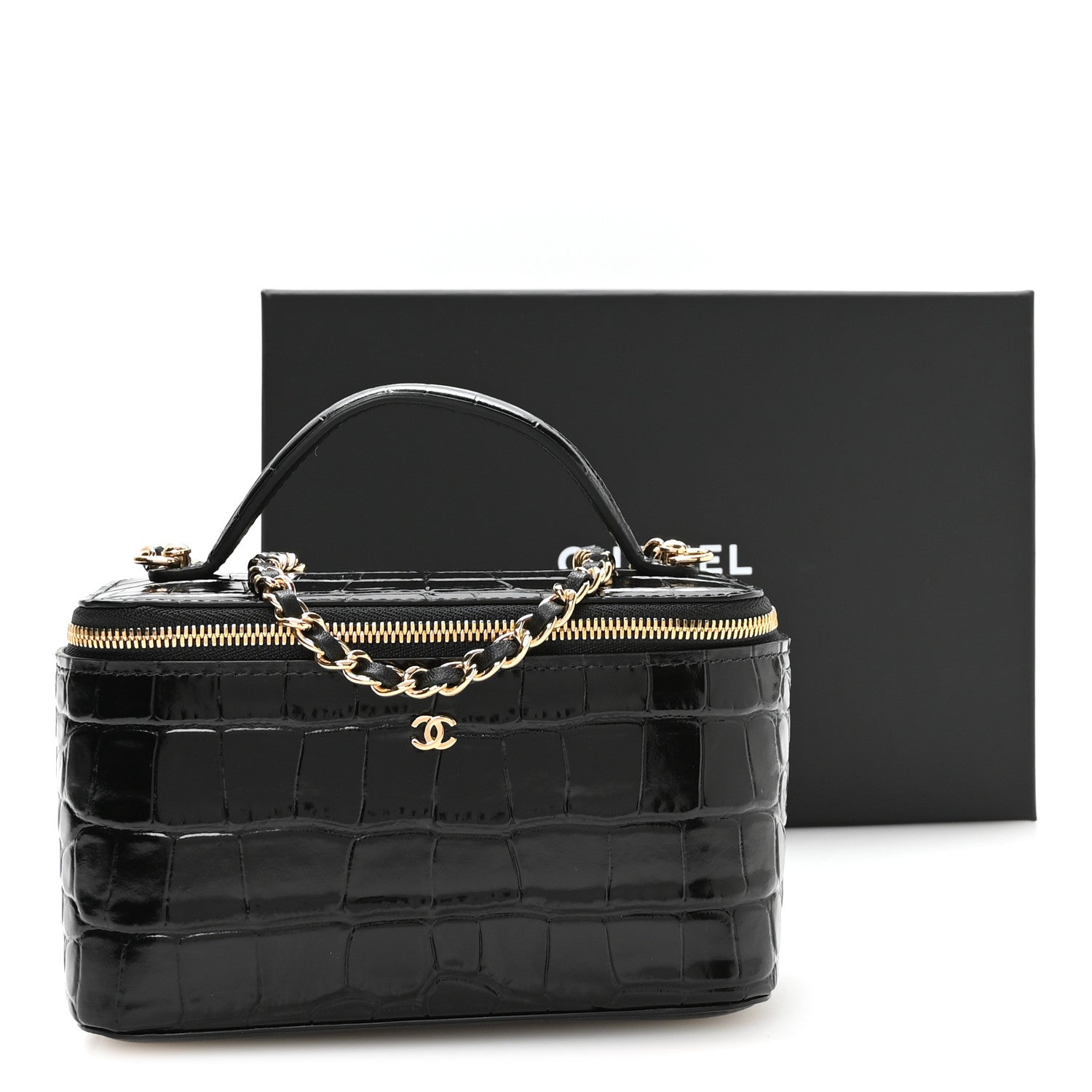 Chanel Calfskin Crocodile Embossed Exoticoco Small Top Handle Vanity Case With Chain Black 11 of 11