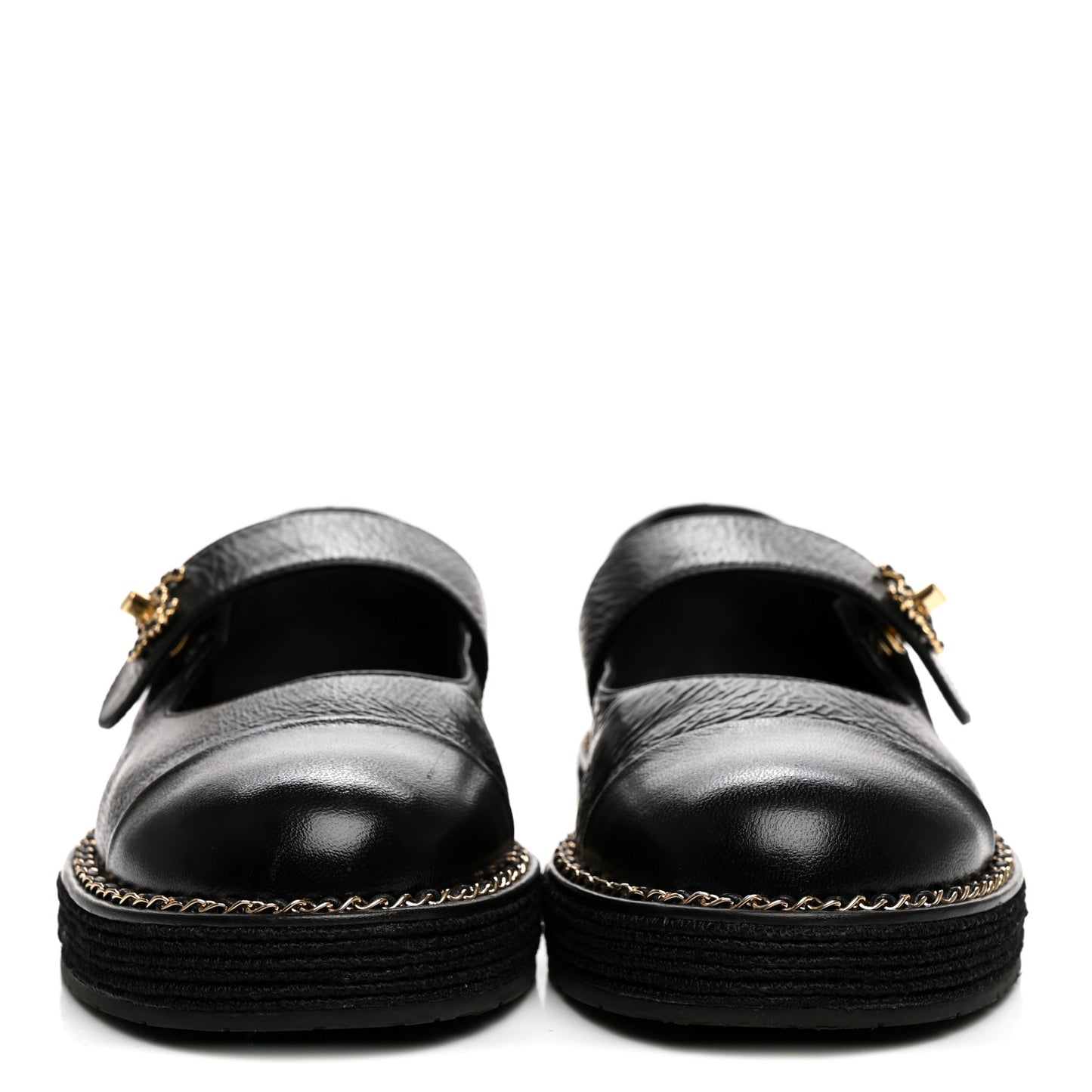 Crumpled Lambskin Cap Toe Chain CC Turnlock Mary Jane Flats 35 Black