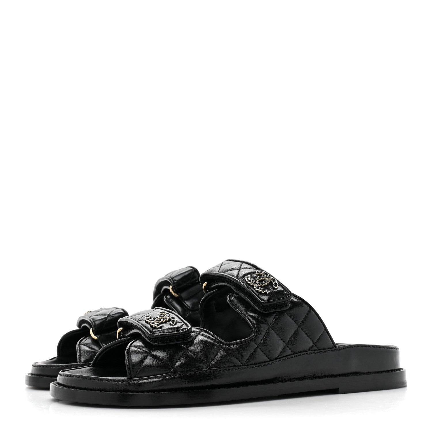 Chanel Lambskin Quilted Velcro Dad Chain CC Slide Sandals 38 Black 3 of 9